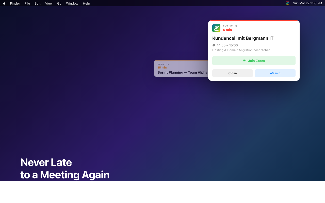 Zominder reminder popup before a Zoho CRM meeting
